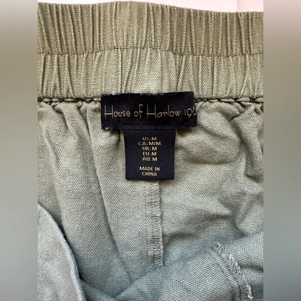 House of Harlow 1960 Sage Green Linen-Blend Wide Leg Tassel Drawstring Pants - Picture 4 of 8